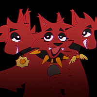 Icon of Aperes. They are a red anthropomorphic cerberus and holding a microphone with their left paw. The first head has longer hair, styled on the side, and wearing a collar with a sun charm. The middle head has short hair and its mouth open. It's wearing eyeliner under their eyes and a spiked collar. The last head has hair slicked backwards and a collar with a roung charm with wings.